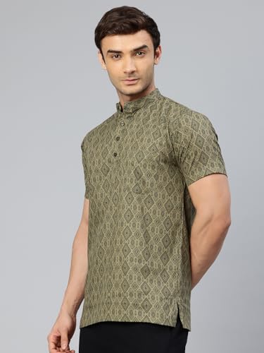 Image of Majestic Man Men Slim Fit Ethnic Motifs Cotton Printed Half Sleeve Short Kurta