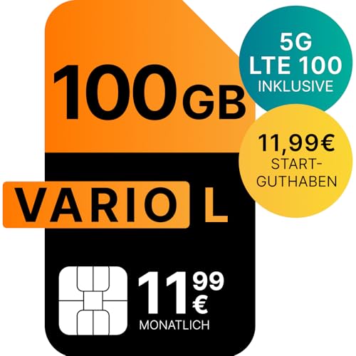 Vario L | 100 GB | 11,99 EUR/Mon. | Startguthaben 11,99 EUR | LTE 100 im Vodafone 5G-Netz | Telefon- SMS-Flat | EU-Roaming | 24 Mon. Laufzeit (Versand per E-Mail)