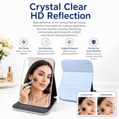 Image of Foldable Makeup Mirror with Adjustable Stand, Portable HD Vanity Mirror for Travel & Dressing Table, PU Leather Crocodile Pattern Compact Cosmetic Mirror for Women & Girls (16x11cm) (Blue)
