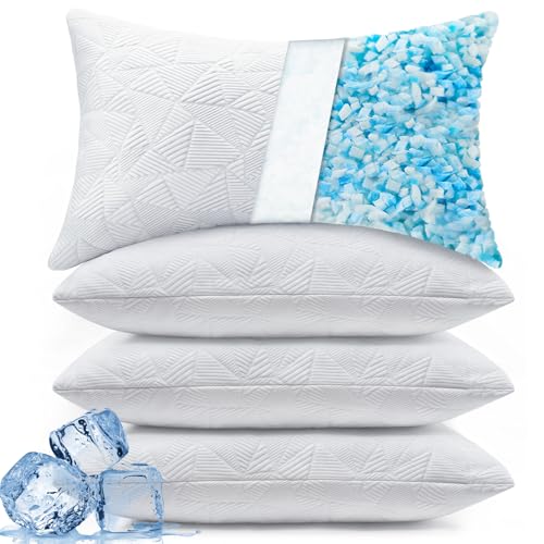 Image of BETU Cooling Pillows Standard Size Set of 4, Shredded Memory Foam Bed Pillows, Adjustable Firm Support Cool Pillow for Neck Pain and Side Sleeping, White