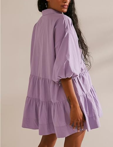 Image of HangNiFang Women's Summer Babydoll Mini Dress Flowy Puff Sleeve Tiered Button Down Oversized Tunic Dress with Pockets