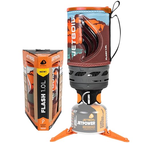 Jetboil Flash Réchaud portable à ébullition rapide de 1 l pour camping et randonnée avec allumage automatique en 1 étape, brûleur au propane/isobutane avec tasse de cuisson, paysage de montagne