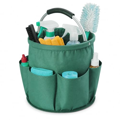 Cleaning Caddy with Handle, Large Supply Organiser 17L with 6 Pockets, Cleaning Products Organiser, Foldable Storage Basket, Portable Cleaning Caddy for Home (Green)