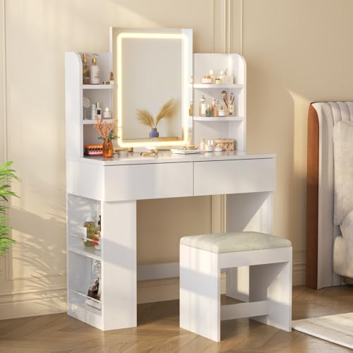 Devoko Tocador de Maquillaje con Taburete y Luces LED, Brillo Ajustable, Mesa de Maquillaje con Espejo, con 2 Cajones Grandes y 4 Estantes Abiertos y Taquilla Lateral, Vanity Moderno, Blanco