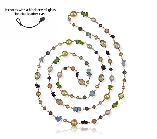Hand Crafted Wire Wrapped Multi-Shape Multi-Color Gemstone Cultured Freshwater Pearl Wire Beaded Chain Station Necklace, About 45” Long.2
