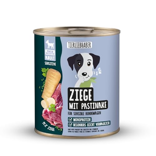 TIERLIEBHABER – Hundefutter Nass 800g Ziege mit Pastinake – Von Tierärzten entwickelt – Nassfutter Hund mit 91% Fleischanteil – Dog Food als Hundenassfutter 800g Dosen