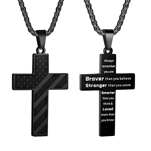 American Flag Cross Necklace for Men Stainless Steel Box Chain 22+2 inch Inspirational Bible Verse Cross Pendant Patriotic Jewelry Personalized Christian Gift for Men