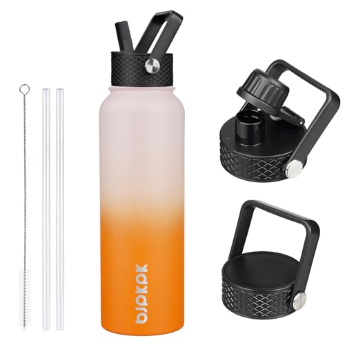 Image of BJPKPK Insulated Water Bottles with Straw Lid, 40oz Stainless Steel Water Bottles with 3 Lids, BPA Free Leakproof Thermo, Tumblers, Cups for Sports, Gym- Coral