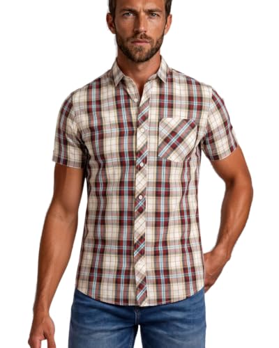 Image of Xact Mens Cotton Checked Shirt - Short Sleeved (Nerva - Oxblood) M