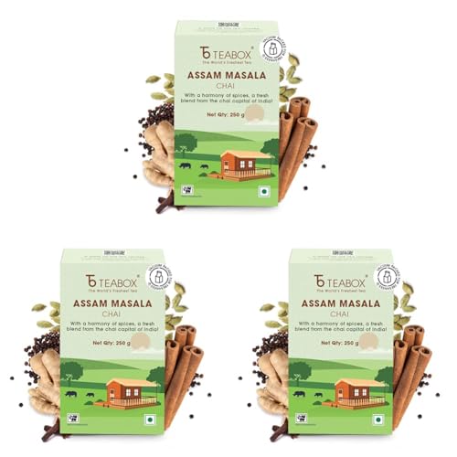 Image of Teabox Fresh & Strong Assam Masala Chai | Strong Assam CTC enriched with Cardamom, Cinnamon, Clove, Ginger, Black Pepper | 250 Grams (Pack of 3)