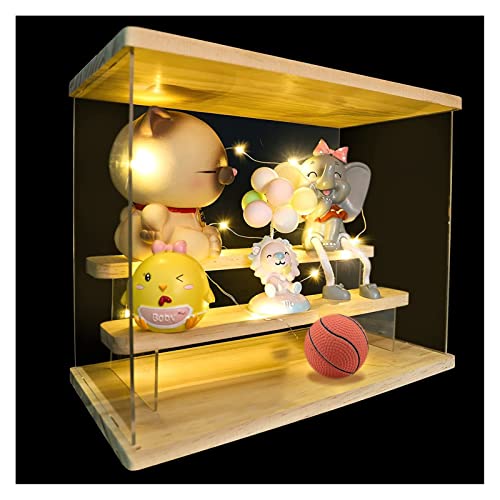 3 Tier Riser Display Stand Case with String Light- Clear Acrylic Riser Showcase with 2 Step Wooden Shelves Assemblable Riser Storage Box with Wood Grandstand for Pop Figure Riser Perfume Displaying