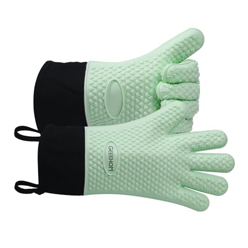 Image of GEEKHOM BBQ Gloves Heat Resistant Oven Mitts - Silicone Grilling Gloves with 13.7 inch Arm Protection - Waterproof Pot Holder Non-Slip for Men & Women, Kitchen Outdoor Cooking, Baking, Camping, Mint Green