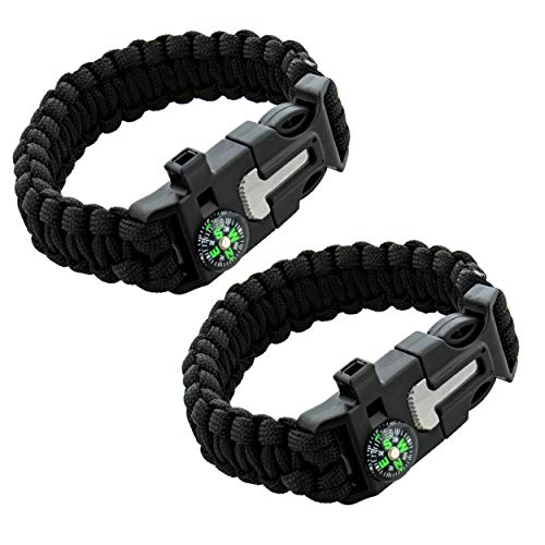 Sds Survival Paracord Bracelet - 2Pk Black Emergency Whistle Hiking Compass Camping Fire Starter Kit Tactical Bracelet #TOP14