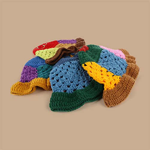 Miqil Women Hollow Knit Hat Floppy Contrast Color Crochet Bucket Hat Foldable Trendy Summer Autumn Fisherman Cap #TOP2