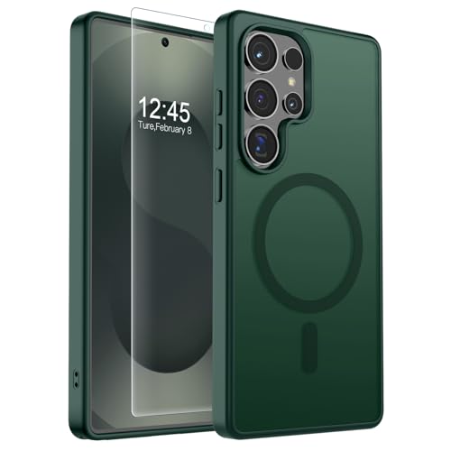 Image of SUPFINE Magnetic for Samsung Galaxy S25 Ultra Case with Screen Protector, (Built-in Magnets) (Military Grade Drop Protection) Slim Translucent Shockproof Phone Case,Forest Green
