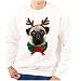 Funny Christmas Crewneck Sweatshirt Ugly Sweater Pug Dog Reindeer, White, XL