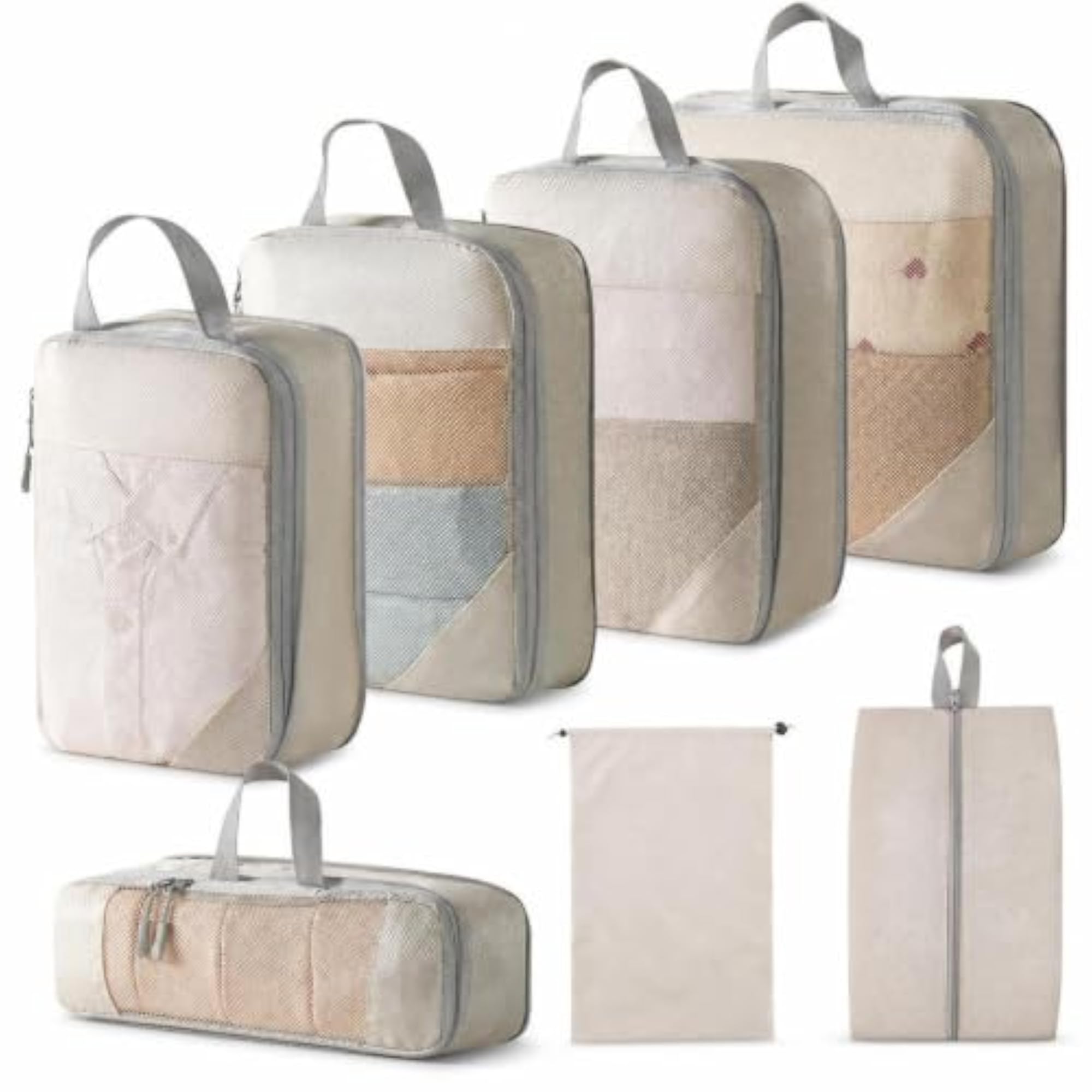 Travel Compression Packing Cubes Set with Shoe Bag, Beige