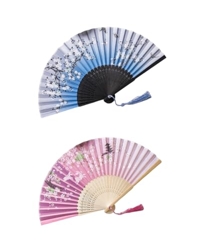 RAMGLYO Lot de 2 Éventails Pliables pour Femme en Bambou, Style Vintage Chinois, Motifs Rose et Bleu - Idéal pour Été, Mariage, Danse, Déco et Cadeau