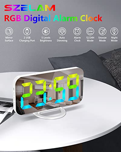Szelam Digital Alarm Clock,Led Rgb Colorful Clocks,With Mirror Surface Large Display,2 Usb Charger Ports,Auto Dimming,Modern Desk Clock For Bedroom Home Office Decor- White #TOP1