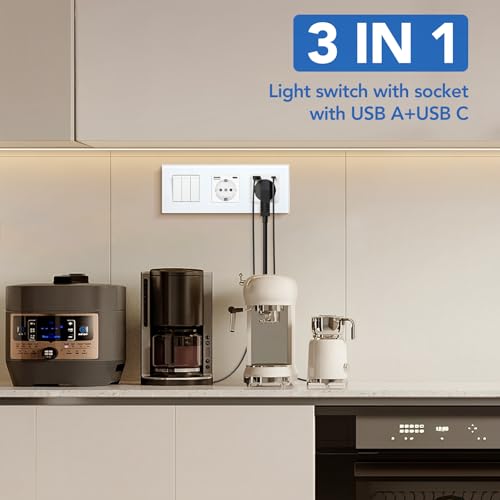 BSEED Lichtschalter mit Steckdose 3 Fach 2 Wege,Wandschalter mit 16A Schuko Steckdose mit Doppel USB Anschluss (Max. 2.1A) Typ C Port Weiß,Physische Unterputz Wechselschalter mit Steckdose- 228mm
