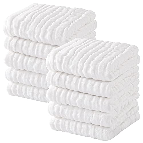 YOOFOSS Muslin Burp Cloths 10 Pack Baby Washcloths Large 20''X10'' 100% Cotton 6 Layers Super Soft and Absorbent - White