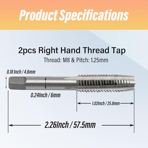 Image of 2pcs M8x1.25 Tap, M8 Metric Thread Right Hand Tapping Tool, HSS Thread Milling Taps (M8 x 1.25, 1 Pair)