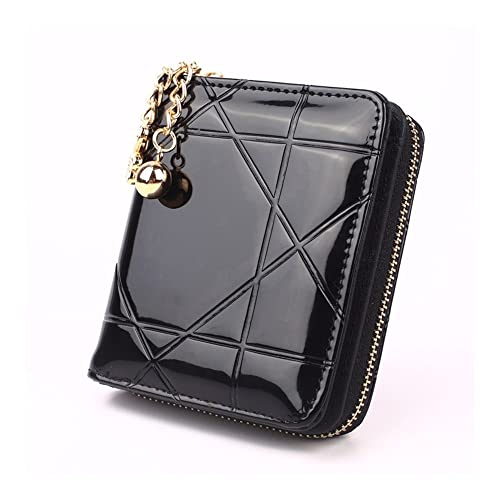 Cute Wallet - Ladies Coin Purse, Short 3 Fold Small Wallet, Credit Card Holder, Patent Leather Case (Black)