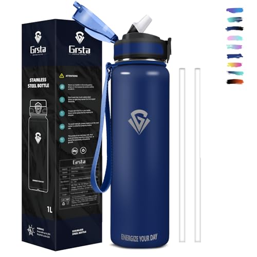 Grsta Botella de Agua 1 Litro - Acero Inoxidable, Con Pajita, Sin BPA, Fácil de Limpiar - Reutilizable Para Gimnasio, Deportes, Camping, Ciclismo, Yoga