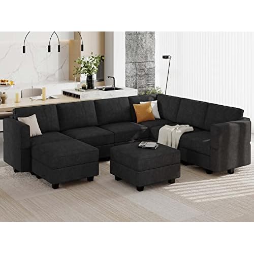 Belffin U Shaped Sofa Modular Couch Reversible Storage Ottoman 6 Seater Sofa Large Couches U Shape Couch Black