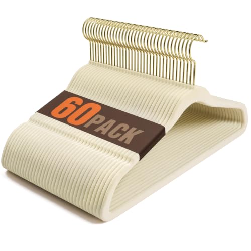 Flottian 60 Pack Beige Velvet Hangers Non Slip,Felt Hangers with Gold Hook | Clothes Hangers Velvet for Closet Organizer,Heavy-Duty,Space Saving,Slim Suit Hanger for Coats,Outfit,Shirts,Suits,ect