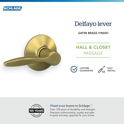 Image of Schlage Delfayo Hall /Closet Passage Door Handle, Reversible, Satin Brass | Hall or closet lever door handle with no lock, Easy to install, Certified durability, Universal fit