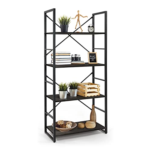 Image of CAPHAUS 4 Tier Bookshelf, 24 Inch Width Free Standing Shelf, Bookcase Shelf Storage Organizer, Industrial Book Shelves for Home Office, Living Room, Kitchen, Black Vintage Shelves & Metal Frame