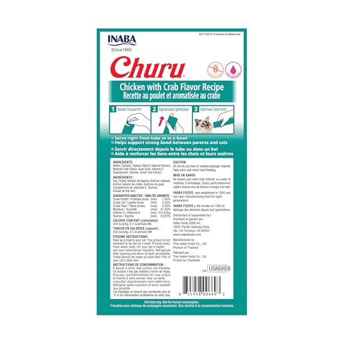 Image of INABA Churu Cat Treats, Grain-Free, Lickable, Squeezable Creamy Puree Cat Treat /Topper with Vitamin E & Taurine, 0.5 Ounces Each Tube, 4 Tubes, Chicken with Crab Recipe