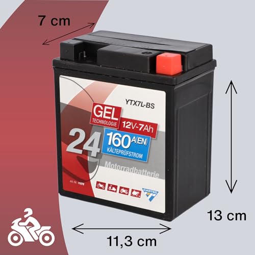 CARTEC Motorradbatterie YTX7L-BS, 7Ah, 160A, Gel Technologie Motorrad-Starter-Batterie, Erstausrüsterqualität, zyklenfest, lagerfähig, wartungsfrei, schwarz
