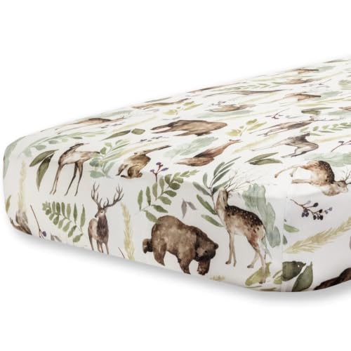 Image of Pobibaby 1 Pack Fitted Crib Sheets for Boys - Premium Cotton Blend Baby Woodland Crib Sheet Set, Soft Breathable Toddler Bed Sheets for Standard Mattress, Boys Nursery Bedding 52x28 (Wildlife Animal)