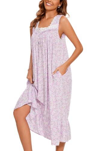 Image of AVIIER Cotton Nightgowns for Women Sleeveless House Dress Ladies Long Nightdress with Pockets S-XXL