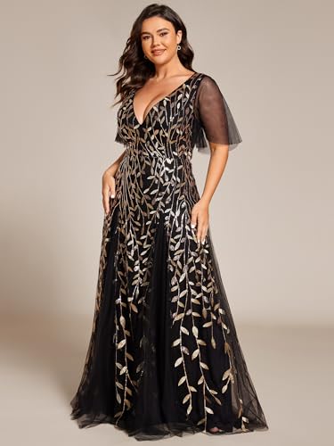 Image of Ever-Pretty Women's Sequin V Neck Plus Size Formal Dresses Evening Gown | Short Sleeve, A-Line, Empire Waist, Plus Size Mother of the Bride Dresses, Plus Size Gala Dress