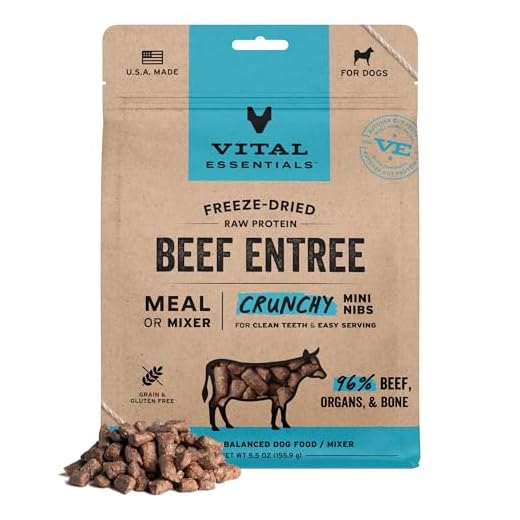 Vital Essentials Freeze Dried Dog Food, Raw Beef Crunchy Mini Nibs | Complete Meal or Topper | 96% Beef, Organs & Bone | Limited Ingredient, High Protein, Grain Free Dry Dog Food | 5.5 oz Bag
