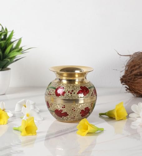 Image of Two Moustaches 4 Inches Flowers Design Brass Pooja Kalash, Kalash for Pooja Rituals, Brass Gangajali Lota, Kalash for Pooja, Kalash for Gangajal, Multicolored, Pack of 1