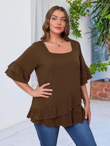 Beauhuty Womens Plus Size Tops Square Neck Tunic Double Ruffles Hem 3/4 Sleeve Shirt Casual Trendy Flow Loose Dressy Blouse3