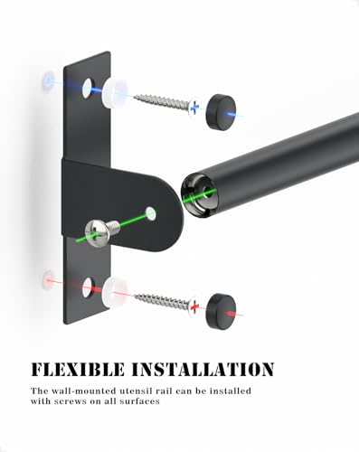 MIIVII Estante para utensilios de acero inoxidable, rieles de barra colgante montados en la pared con 8 ganchos en S extraíbles, para cocina y baño, 40 cm (negro) - imagen 6