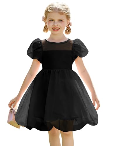 Arshiner Toddler Girls Dress Contrast Mesh Puff Short Sleeve Flowy Bubble Hem Organza Casual Party Dresses Size 2-6