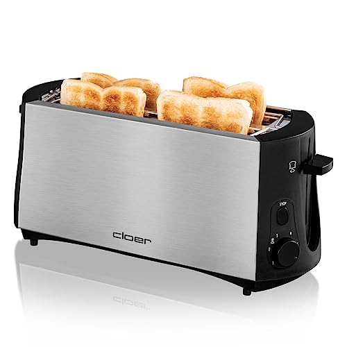 Cloer 3719 Tostapane a Fessura Lunga per 4 Fette, 1380 W, scaldapanini integrato, funzione di sollevamento, cassetto raccogli-briciole, custodia in acciaio inossidabile opaco, isolato termicamente