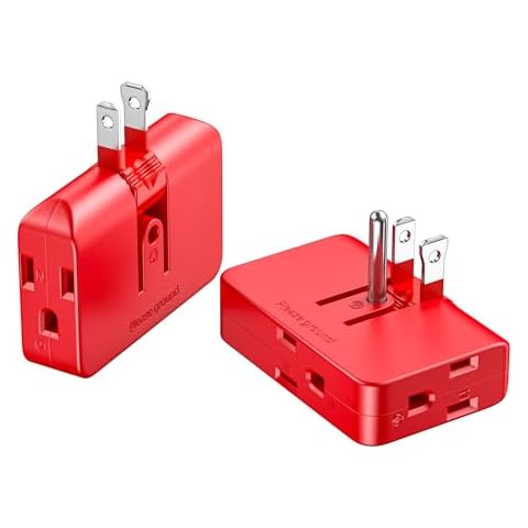 Red 3-Prong Outlet Splitter & Plug Extender - Converts 2 to 3 & 3 to 2 Prong, Multi-Plug Wall Adapter, Side Plugs for Wall Outlet, Rotating Outlet Adapter, 2 Pack Cover