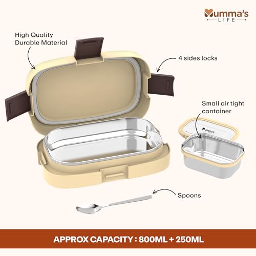 Image of Mumma's LIFE Stainless Steel Tiffin Box with 4 Side Lock Lid, 910 ml and Inner Stainless Steel Container, 135 ml, Food Grade | Air Tight | Easy to Carry | Leak Proof (Tuntun Lunch Box Yellow Peach)