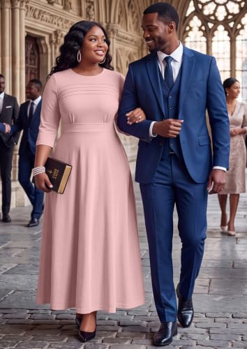 Image of FANDEE Fit-and-Flare Maxi Dress Round Neck Pleated Front Side Pockets | Front pleats soft flatter your bust shape; Empire Waist lengthen your figure; 3 /4 sleeves round neck suit for many occasions