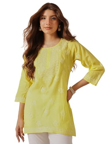 Image of Ada Hand Embroidered Lucknow Chikankari Straight Round Neck Cotton Blend Short Kurti Tunic Top for Women A911333