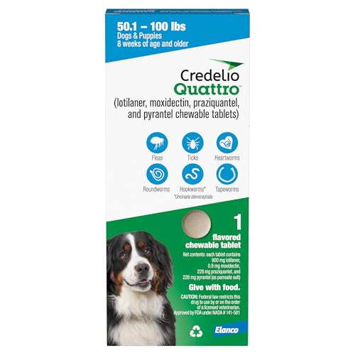 Credelio Quattro Dog Flea & Tick Treatment + Heartworm & Parasite Protection, 50.1-100 lbs (1 Chewable Tablet)