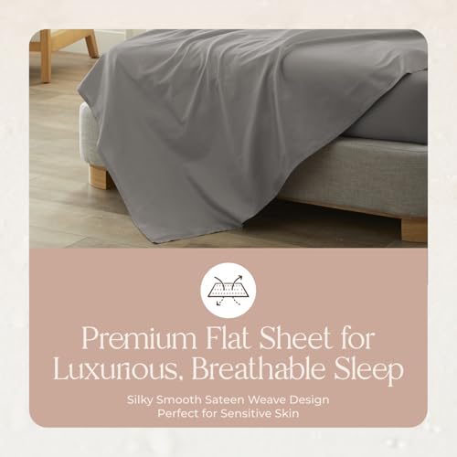 Image of Certified Organic Queen Flat Sheet Only - 100% Organic Cotton Top Sheet with Luxurious Soft and Breathable 300 Thread Count Sateen Weave Finish - GOTS & Fairtrade Certified (Classic Grey, Queen)
