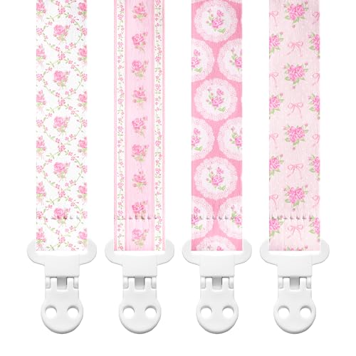 Image of Stadela Baby Fabric Pacifier Clip Holder, Plastic Clip, 4‑Pack, Floral Pattern, Juliette Set